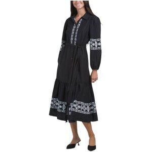 LEA Long Sleeve Embroidered Maxi Shirt Dress